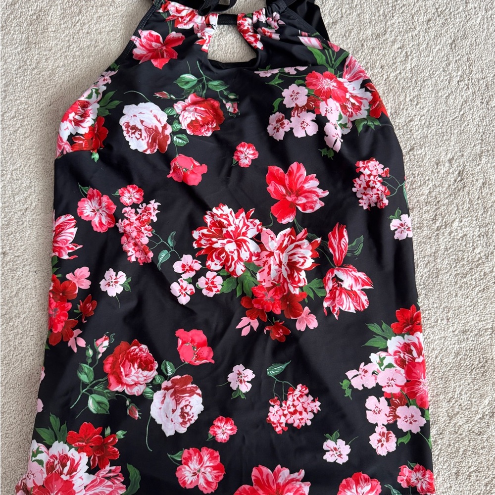 Floral Halter Swim Top - Black and Red
